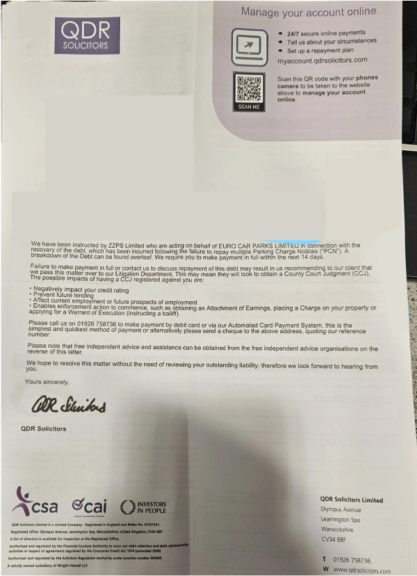 letter from QDR Solicitors